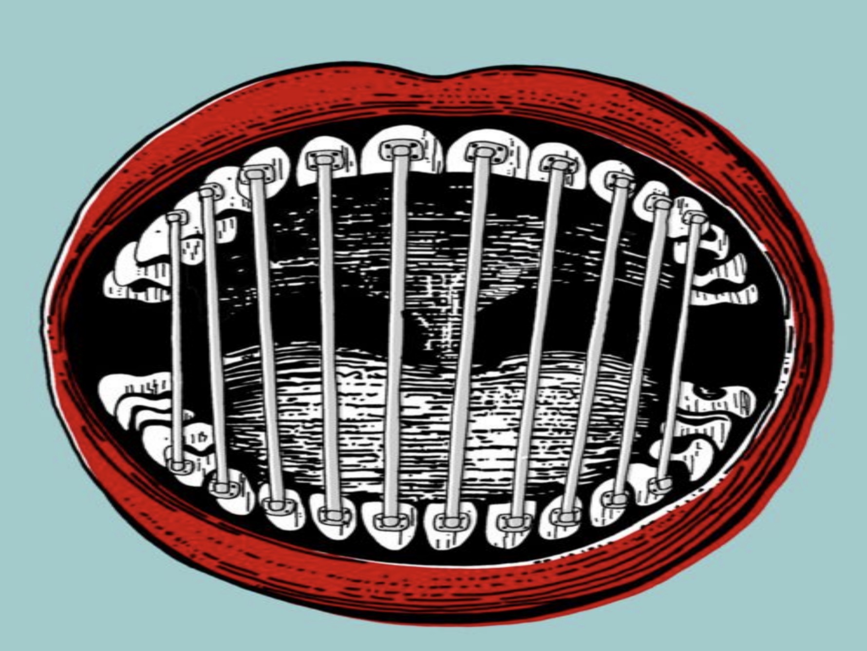 illustration of mouth with braces and bars like a prison